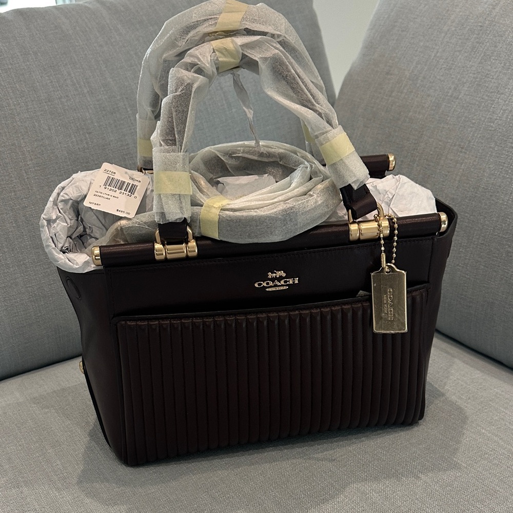 Coach Dark Brown Ribbed Leather Top-Handle Satchel with Gold Hardware